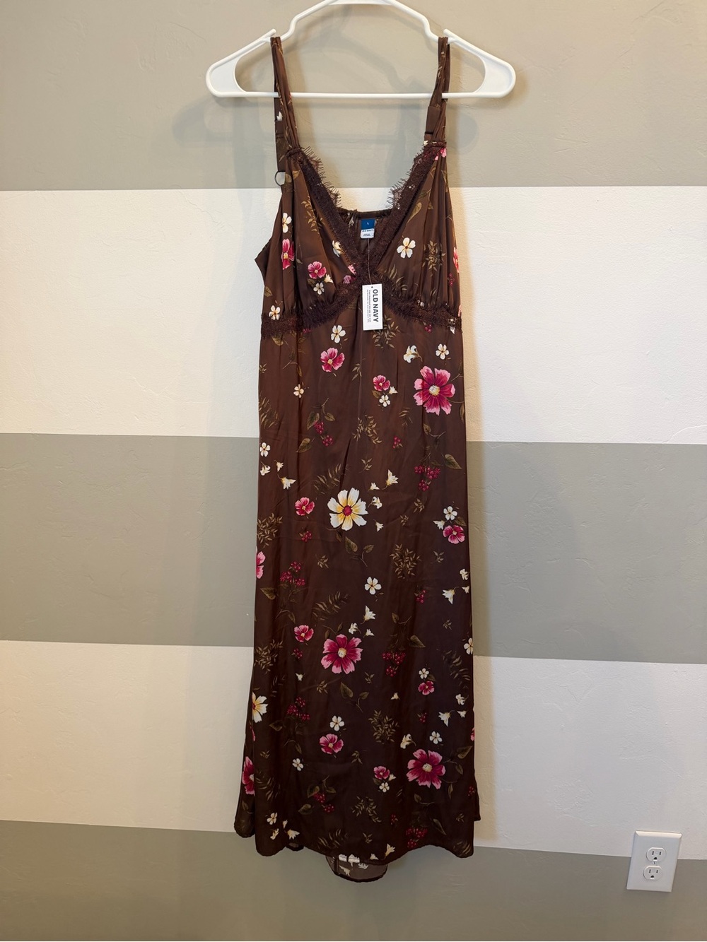 Old navy NWT Brown Floral Slip Dress with Lace Trim Large